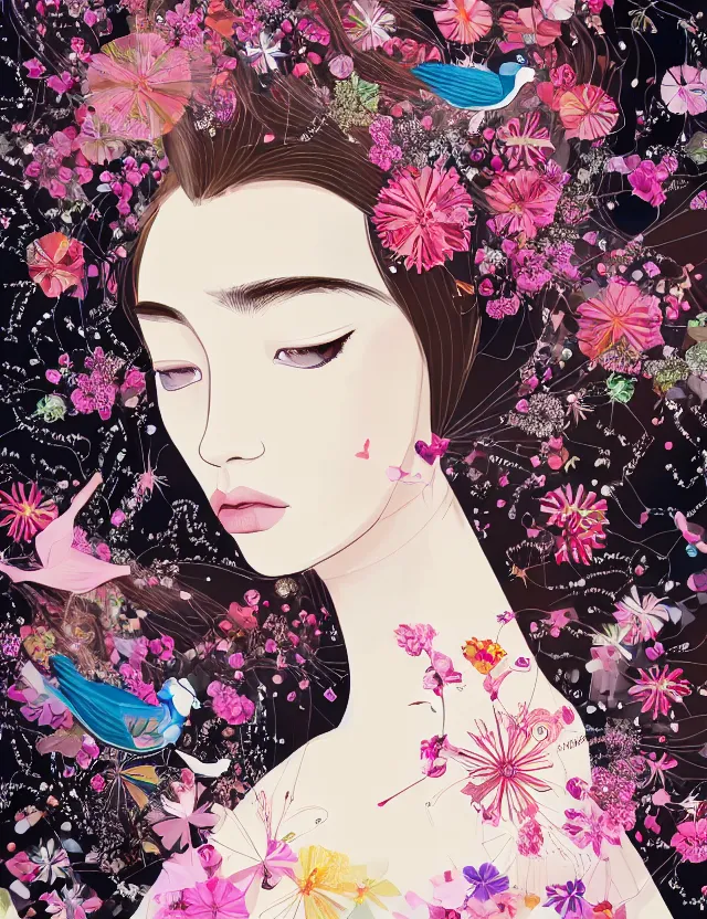 Prompt: fashionable illustration of a beautiful girl in a transparent dress, medium shot at eye level, delicate floral ornaments on fabric and hair, bright small birds, elegant, eiko ishioka, givenchy, peter murbacher, in the center, beautiful colors, origami, fashion, detailed, playful, dreamy, fashionable, japanese, real character creator, dynamic lighting