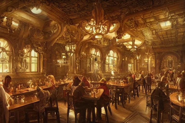 Prompt: ultra realistic illustration, baroque tavern interior from diablo and baldurs gate, intricate, elegant, highly detailed, digital painting, artstation, concept art, smooth, sharp focus, illustration, art by artgerm and greg rutkowski and alphonse mucha