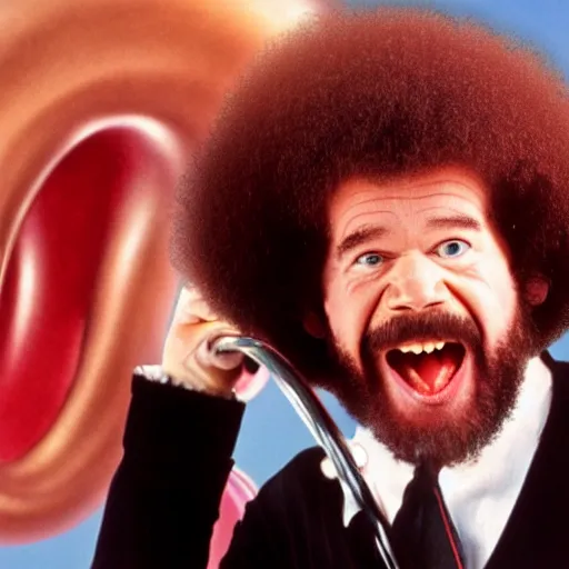 Image similar to bob ross screaming at a giant pink tuba