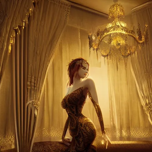 Prompt: an incredibly beautiful and elegant woman covered in intricate gold leaf detail in a gothic hotel room with soft indirect lighting, an ultrafine detailed illustration by victoria frances, final fantasy, cinematic colors, behance contest winner, unreal engine 5 highly rendered, global illumination, radiant light, detailed and intricate environment