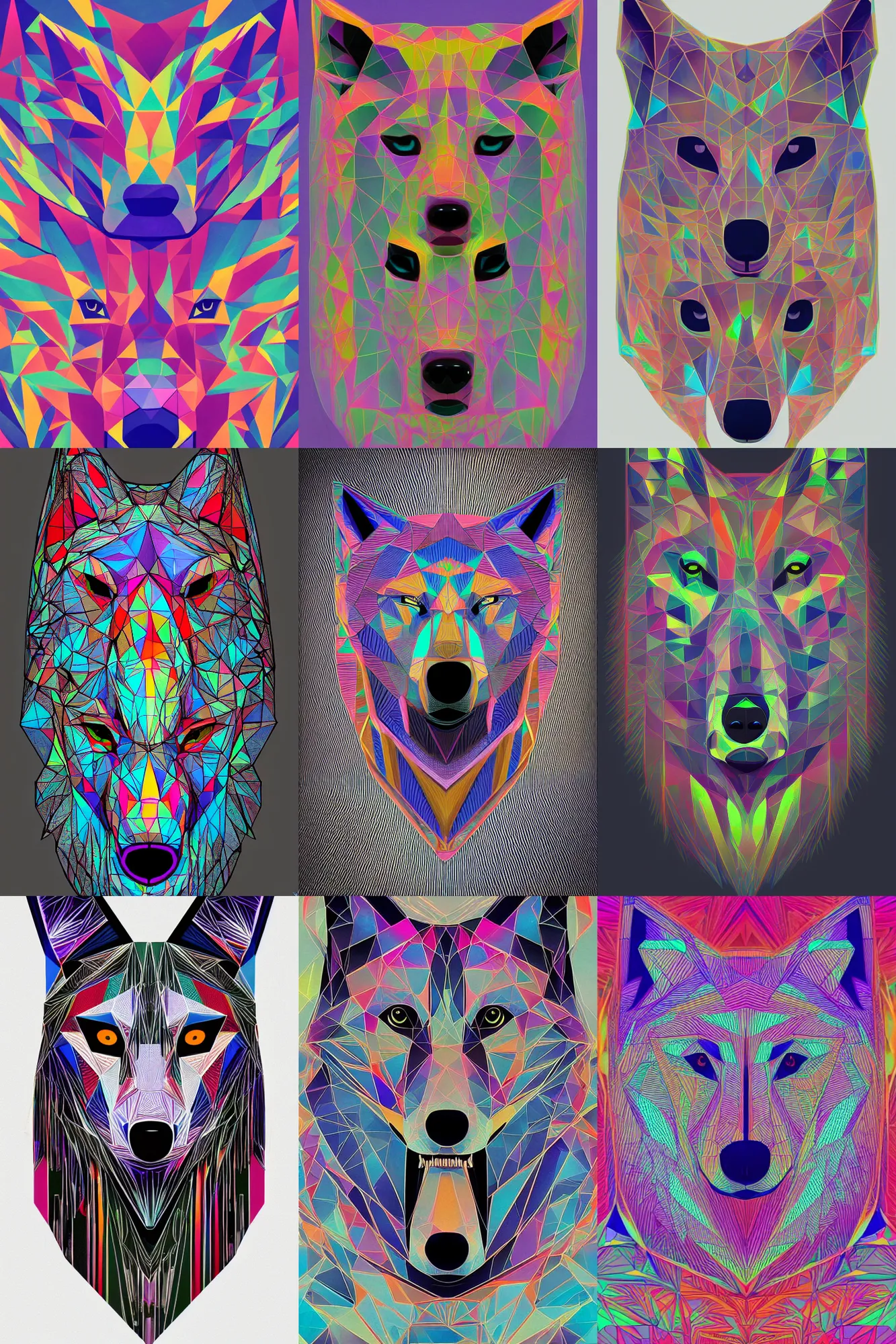 Prompt: Geometric portrait of a wolf head. Psychedelic colors, Geometrical, symmetrical, brutalist, cement, brutalism, architectural, trending on artstation