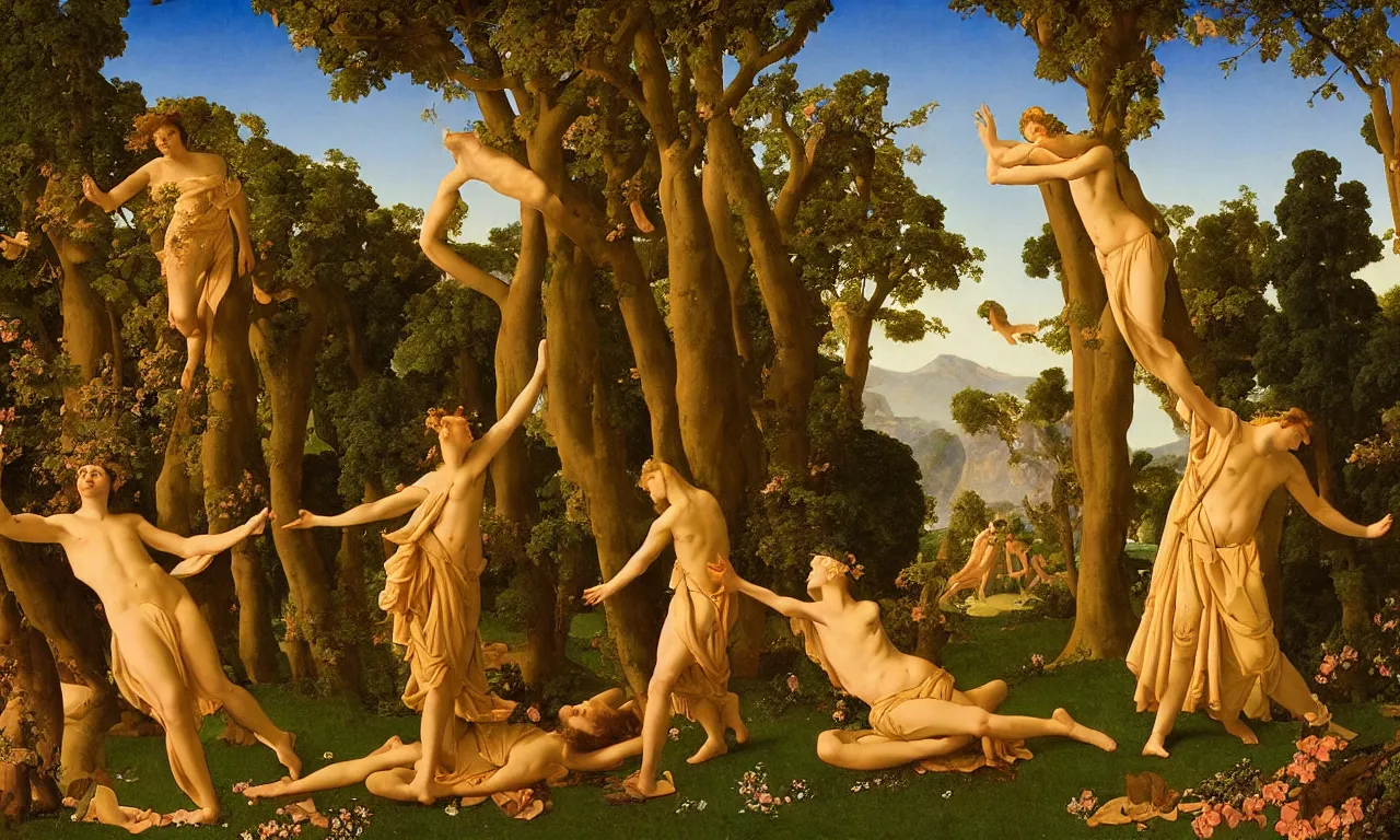 Prompt: dawn of a classical tableau in arcadia, art by james c. christensen and maxfield parrish and nicolas poussin