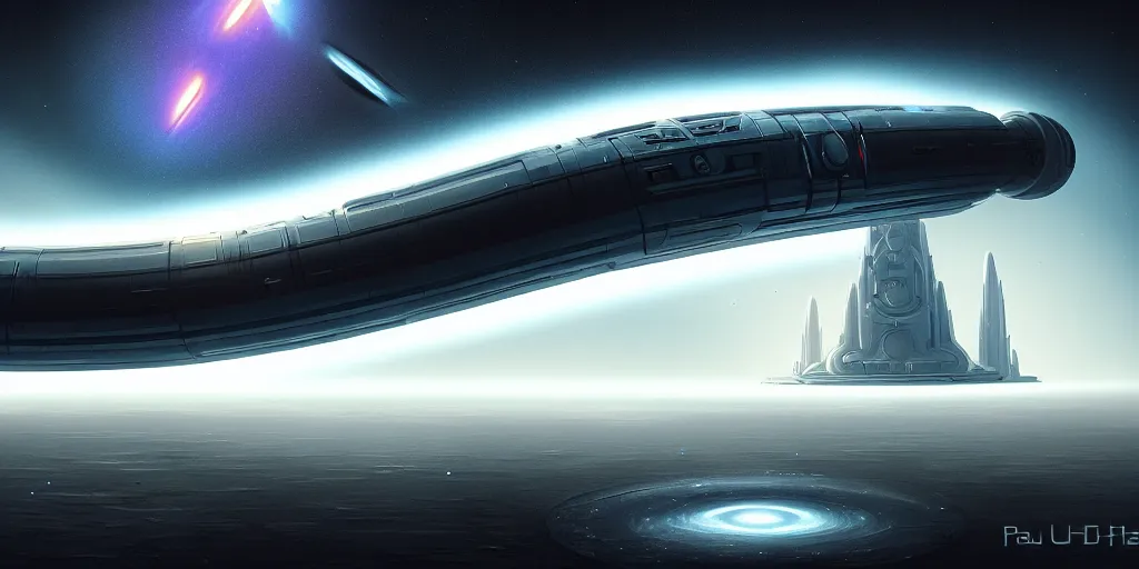 Prompt: giant tubular spaceship in deep space, portal, day, ultra high definition, ultra detailed, symmetry, god rays, sci - fi, dark fantasy, by paul chadeisson and denis villeneuve