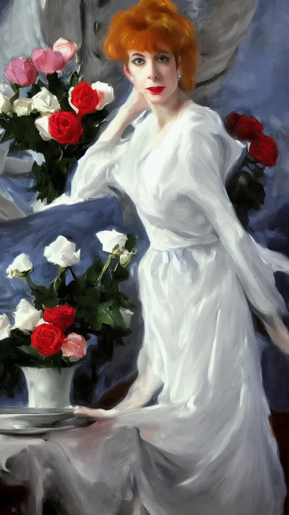 Image similar to portrait of julee cruise in white balloon sleeve dress detailed curtain beside a pot of blue roses, a detailed persian painted by john singer sargent