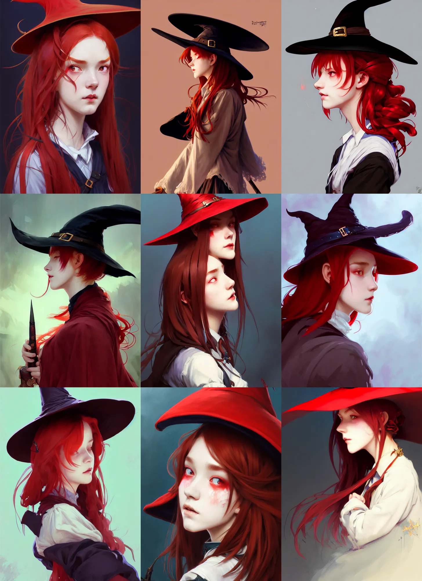 Prompt: side portrait of a rugged girl witch wearing magic school uniform, red hair, large wide - brimmed witch hat, cinematic, elaborate, elegant, masterpiece, illustration, digital painting, concept art, trending on artstation, pixiv, art by ruan jia and hong soonsang and wlop and artgerm and greg rutkowski and alphonse mucha