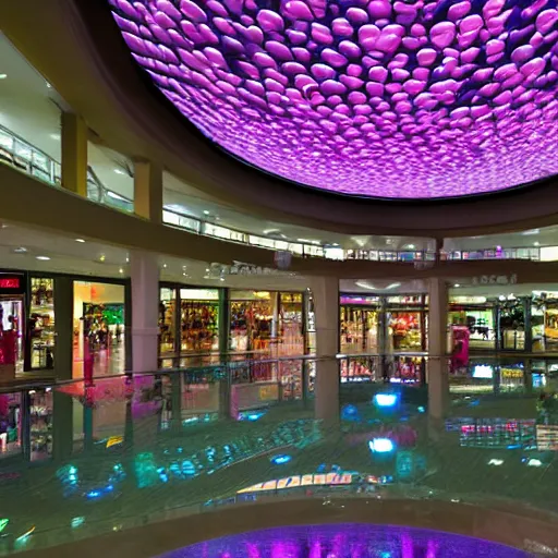 Prompt: A vast shopping mall interior with a large water feature, photo taken at night, neon pillars, large crowd