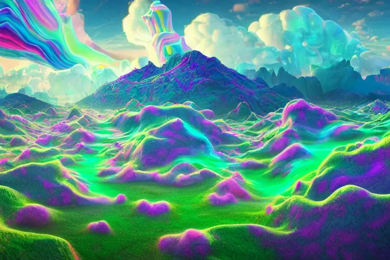 Image similar to a psychedelic realm with rolling plains made out of clouds, mountains made out of icebergs, and plant life made out of cotton candy, in the style of wlop and lisa frank, illustration, epic, fantasy, hyper detailed, smooth, unreal engine, sharp focus, ray tracing