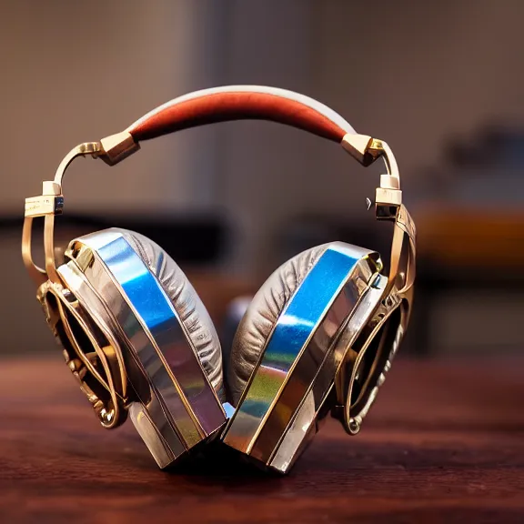 Image similar to masterpiece photo of beautiful crafted artistic bismuth metal headphones, bismuth rainbow metal, bismuth cups, leather padding, displayed on mahogany desk, modernist headphones, bismuth headphones beautiful well designed, hyperrealistic, audiophile, intricate hyper detail, extreme high quality, photographic, audeze, sennheiser, hifiman, artstation, abyssal audio