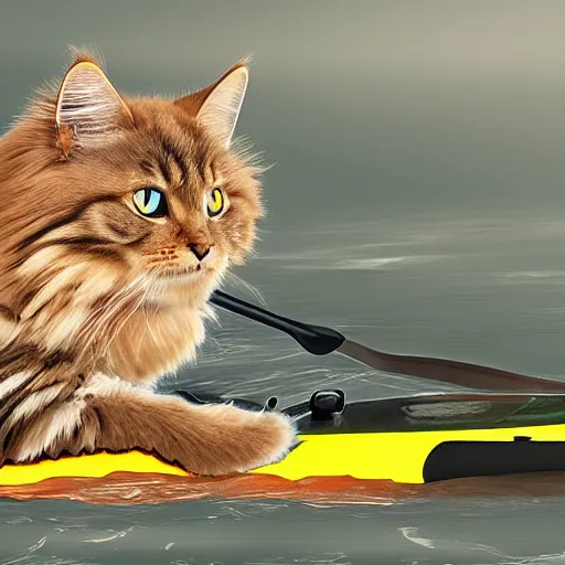 Prompt: Detailed Siberian cat kayaking in river, digital art