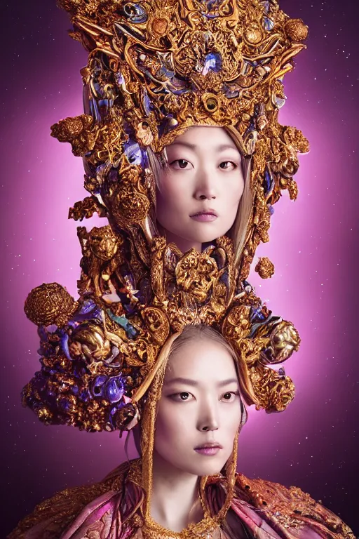 Image similar to a beautiful empress portrait, with a brilliant, impossible striking big cosmic galaxy headpiece, clothes entirely made out of cosmos chaos energy, symmetrical, dramatic studio lighting, rococo, baroque, jewels, asian, hyperrealism, closeup, D&D, fantasy, intricate, elegant, highly detailed, digital painting, artstation, octane render, 8k, concept art, matte, sharp focus, illustration, art by Artgerm and Greg Rutkowski and Alphonse Mucha