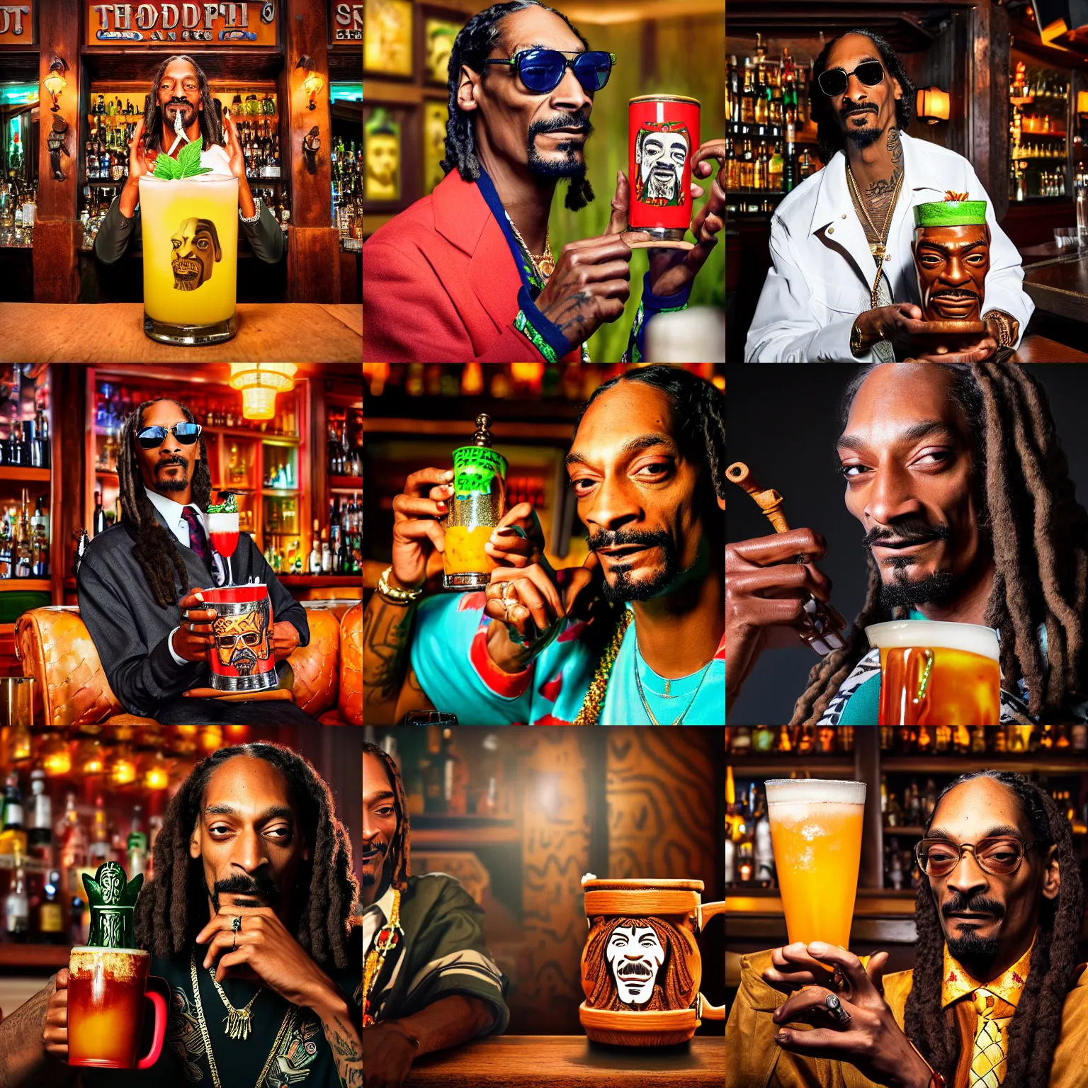 Prompt: a closeup photorealistic photograph of snoop dogg at trader vic's bar holding a tiki mug featuring his face on it. brightly lit scene. this 4 k hd image is trending on artstation, featured on behance, well - rendered, extra crisp, features intricate detail, epic composition and the style of unreal engine.