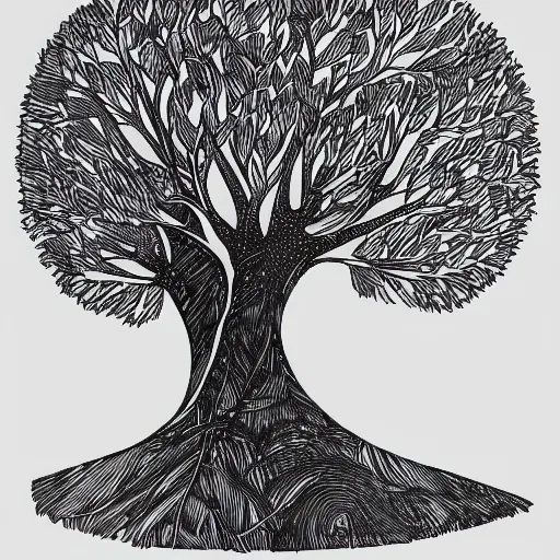 Image similar to tree forest illustration, black ink on white paper, sketched 4k