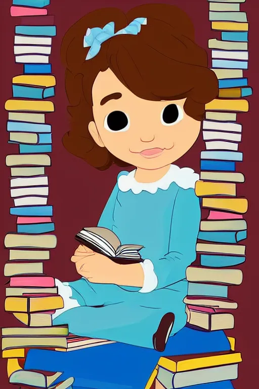 Prompt: a cute little girl with short curly brown hair and blue eyes sits cross legged on top of a tall pile of books. she is reading. clean pretty cartoon painting in disney style, beautiful detailed face.