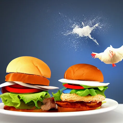 Image similar to floating chicken sandwich on a plate, photo realistic, explosion and flying pigs in the background, amazing detail