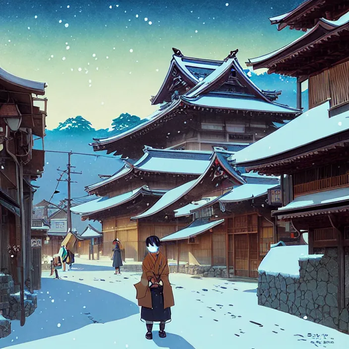 Image similar to japanese rural town, winter, in the style of studio ghibli, j. c. leyendecker, greg rutkowski, artem