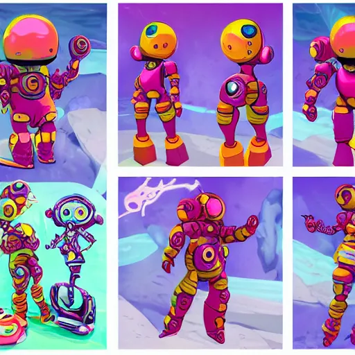 Image similar to official character sheets for an adorable new sea angel biomech suit, digital screen robot face, wearing an oversized sweater, covered in coral, art by tim schafer black velvetopia art for psychonauts from double fine studios, art by splatoon from nintendo, black light rave, adult character, apocalypse