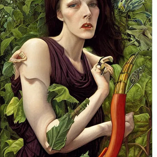 Image similar to portrait of a roaring pale woman with a garden weapon, by Gerald Brom