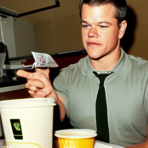 Image similar to matt damon working at mcdonald ’ s in 1 9 7 0 s