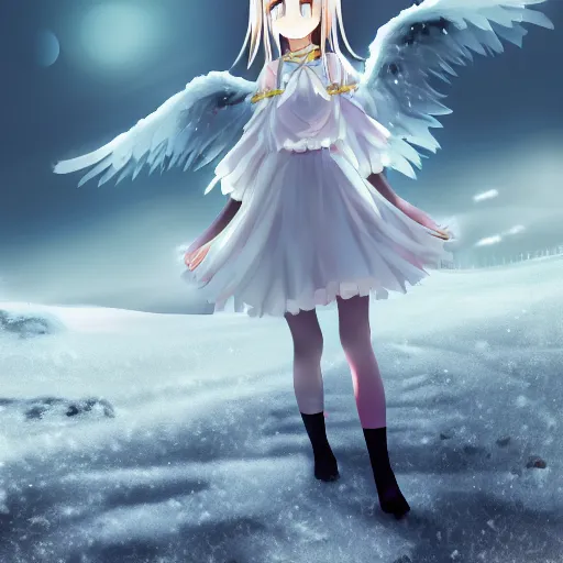 Image similar to anime girl with wings in a snowy tundra, beautiful, extremely detailed, foggy, snow, anime, cinematic lighting, blue eyes, white dress, moonlight, stars,