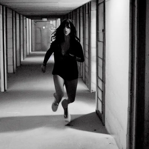 Prompt: Jennifer Love Hewitt running toward camera, away from a man in the background, dressed all in black, in an abandoned highschool, night time, cinematic, 90's horror movie, 24MM wide shot, f1.8, volumetric lighting, award winning, I Know What you did last summer - W 1024