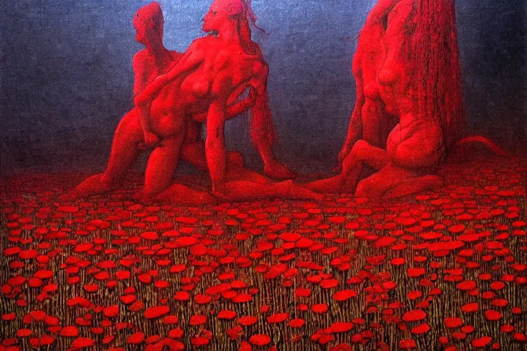 Image similar to only with red, red flowers of different types, a red tiger, a castle in the background, medieval demons dance over the flowers, an ancient path, in the style of beksinski, part by hopper, part by rodcenko, part by hofbauer, intricate composition, red by caravaggio, insanely quality, highly detailed, masterpiece, red light, artstation