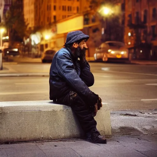 Image similar to homeless man sitting, smoking ,city at night, barely visible,in style of Valerio D'Ospina
