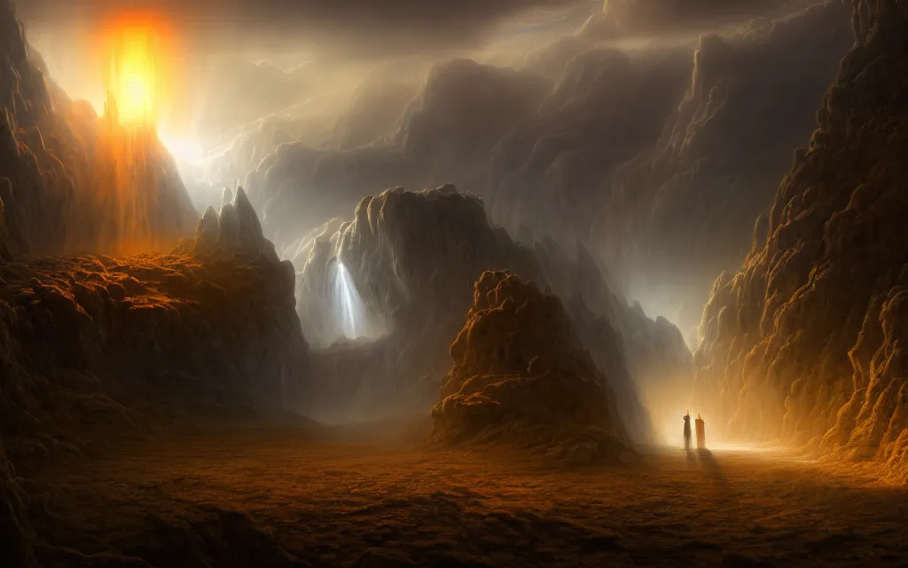 Image similar to portal to truth dimension on a valley of sorrow, illustration, moody, chaotic, god, mist, nuclear explosion background, volumetric lighting, soft lighting, soft details, painting oil on canvas by ryan church and Edmund Blair Leighton, octane render, HDR, trending on artstation, 4k, 8k, HD