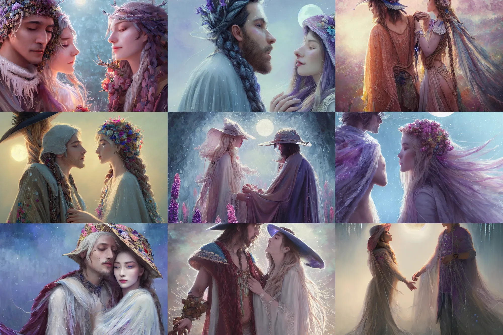 Prompt: a cinematic beautiful closeup moment of man and woman moon magician lovers saying goodbye wearing boho poncho and sunhat with hyacinths lightening spells, Frozen II Klaus film, fantasy, intricate, elegant, highly detailed, digital painting, artstation, concept art, smooth, sharp focus, illustration, art masterpiece by art by Krenz Cushart and Artem Demura and alphonse mucha, ArtGerm, Jon Lothian, Danilo Torres, Adi Meyers, Thomas Reimann, Gaston Bussiere