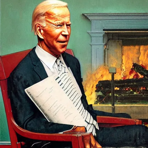 Image similar to eye level portrait painting by Norman Rockwell of Joe Biden sitting in a chair. Cozy fire. Legs apart