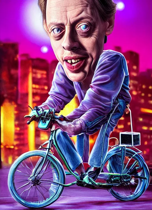 Prompt: hyperrealism steve buscemi riding a tricycle, light effect, hyper detailed, claymation, cartoon, detailed, realistic materials, sharp focus, synthwave, neon, modern