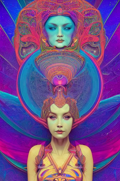 Image similar to beautiful goddess of space and dreams, psychedelic, mandala, coherent design, symmetrical, face by artgerm, trending on artstation, vivid color, complementary color, golden ratio, detailed, sharp lines, sharp focus, intricate, rainbowshift, maxfield parrish, alphonse mucha, deviantart, octane render