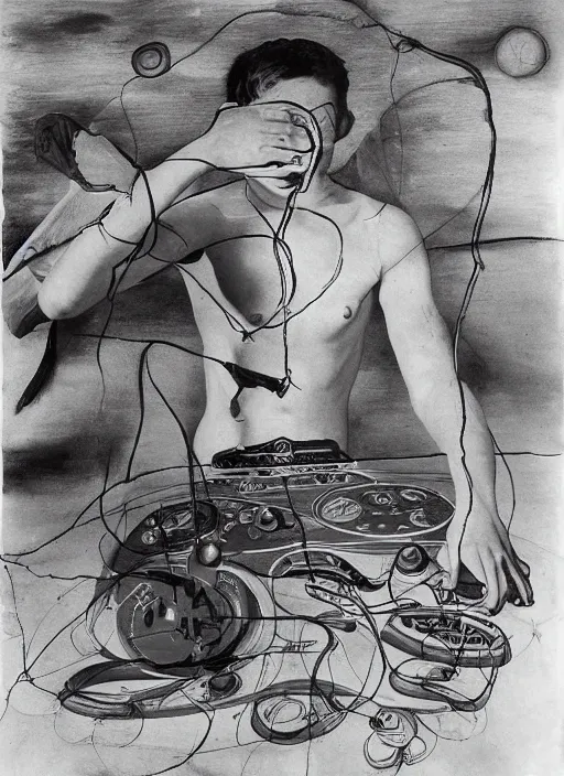 Image similar to a boy playing cdjs on a psychedelic space, by Salvador dali, da Vinci, real 3D, atmosphere, gesture drawn