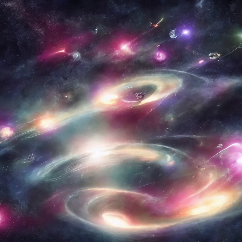 Image similar to galactic space fleet flying into a black hole 8 k resolution