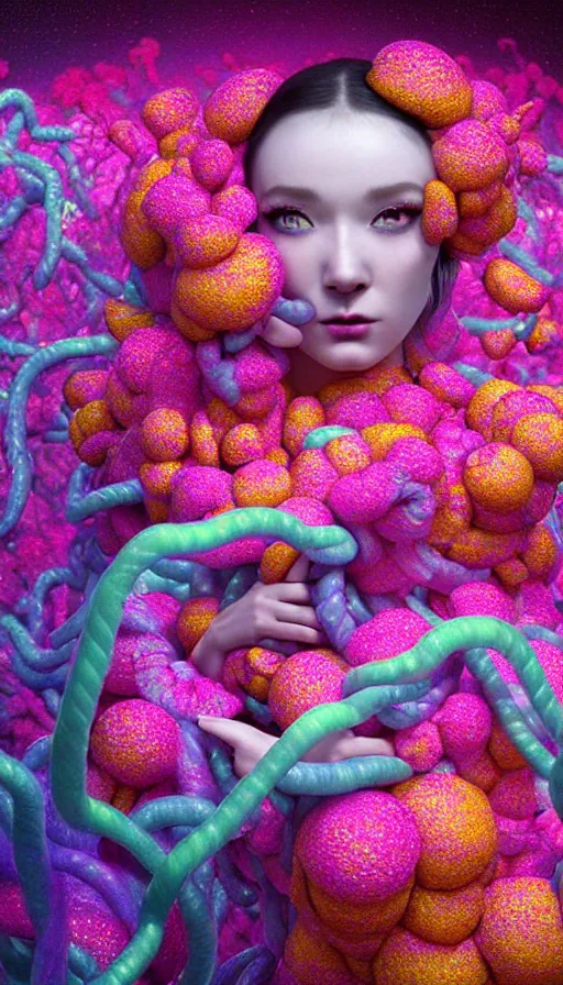 Image similar to hyper detailed 3d render like a Oil painting - kawaii Aurora (Singer) seen Eating of the Strangling network of colorful yellowcake and aerochrome and milky Fruit and Her delicate Hands hold of gossamer polyp blossoms bring iridescent fungal flowers whose spores black the foolish stars by Jacek Yerka, Mariusz Lewandowski, Houdini algorithmic generative render, Abstract brush strokes, Masterpiece, Edward Hopper and James Gilleard, Zdzislaw Beksinski, Mark Ryden, Wolfgang Lettl, hints of Yayoi Kasuma, octane render, 8k
