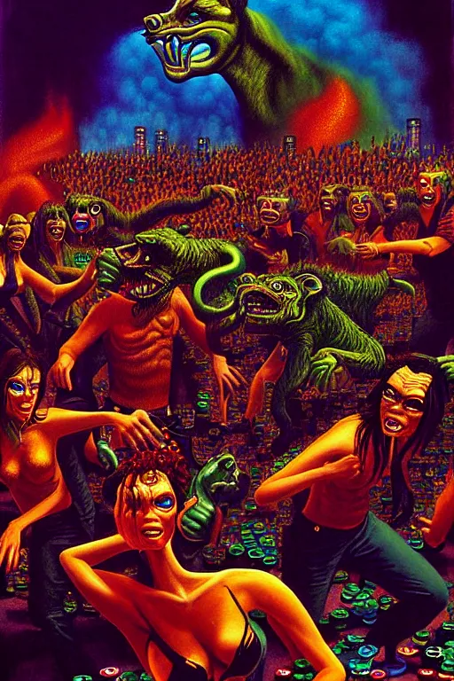 Image similar to a hyperrealistic painting of a chimera riot at the casino, cinematic horror by chris cunningham, lisa frank, richard corben, highly detailed, vivid color,