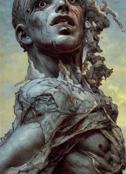 Prompt: ancient statue of a diabolical marble stone cyborg, wearing torn white cape, dynamic pose, thunder, glowing eyes, post apocalyptic ancient ruins, glowing veins subsurface scattering, in clouds, sunset, portrait, by gerald brom, by mikhail vrubel, by peter elson, muted colors, extreme detail, trending on artstation, 8 k