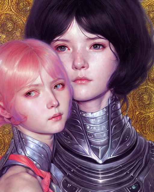 Image similar to portrait of two beautiful cute young maiden girls with short white hairs in warhammer armor, art by ( ( ( kuvshinov ilya ) ) ) and wayne barlowe and gustav klimt and artgerm and wlop