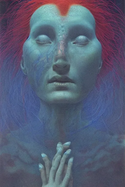 Prompt: pale woman, with long red hair, completely tattooed with blue fluorescent flowers, by zdzisław beksiński