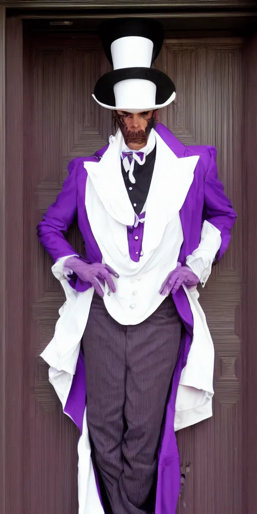 Image similar to a purple skinned tiefling with a goatee wearing a white suit and tophat standing in a doorway, purple skin, goatee, by Mark Brooks