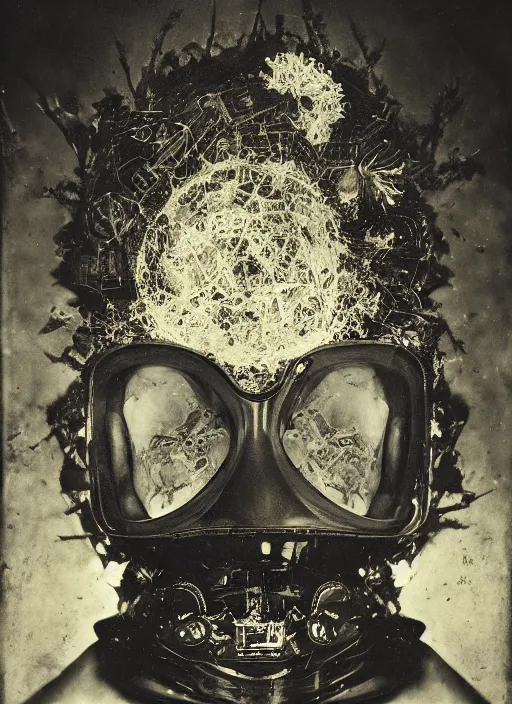 Image similar to old wetplate daguerreotype portrait of the birth of a masked dangerous super villain, explosion of data fragments, fractal, intricate, elegant, highly detailed, parallax, leica, medium format, subsurface scattering, by jheronimus bosch and greg rutkowski and louis jacques mande daguerre