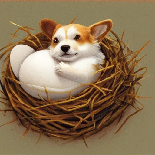 Image similar to concept art of a baby corgi sleeping in an egg in a nest, anne geddes