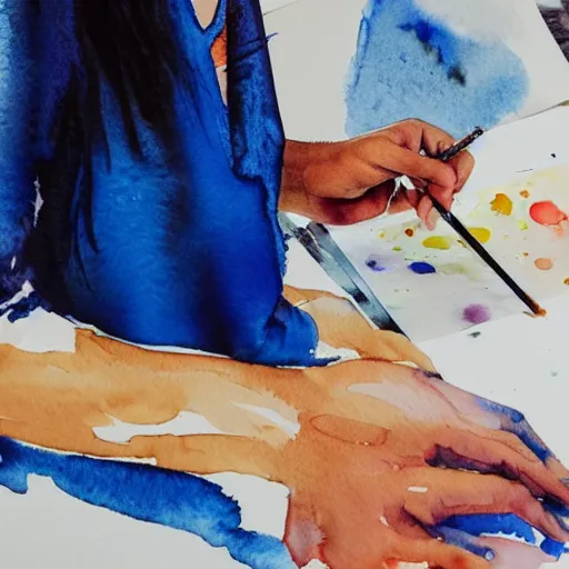 Prompt: expressive watercolor painting of a woman creating art. She is wearing a blue blouse