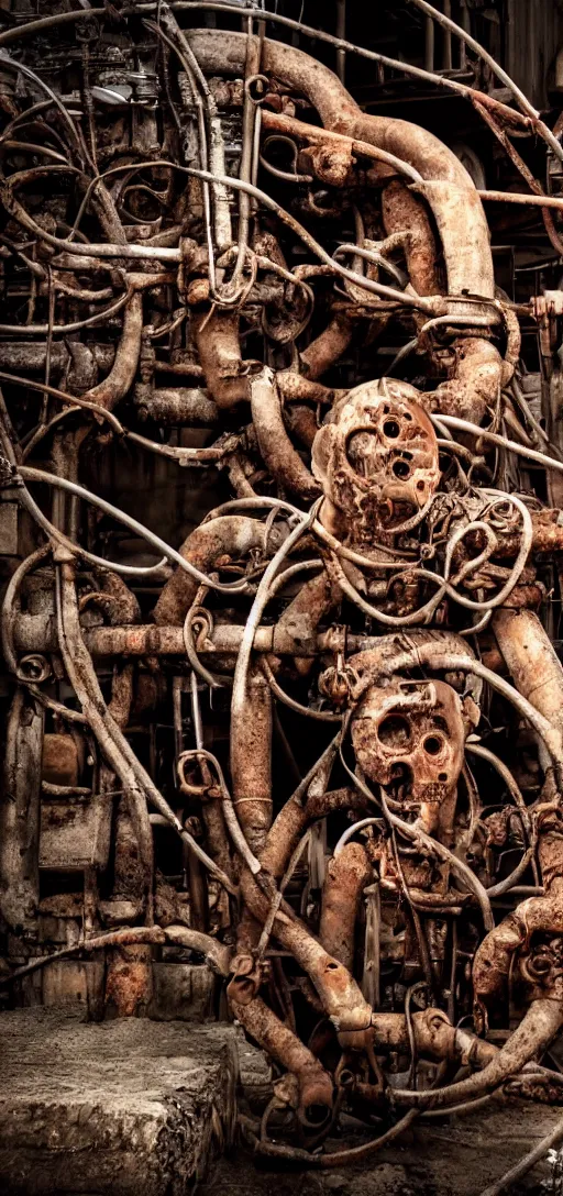 Image similar to body horror of human being consumed by machinery and rusty pipes and wires, scary, horror, 4K, disturbing, weird,