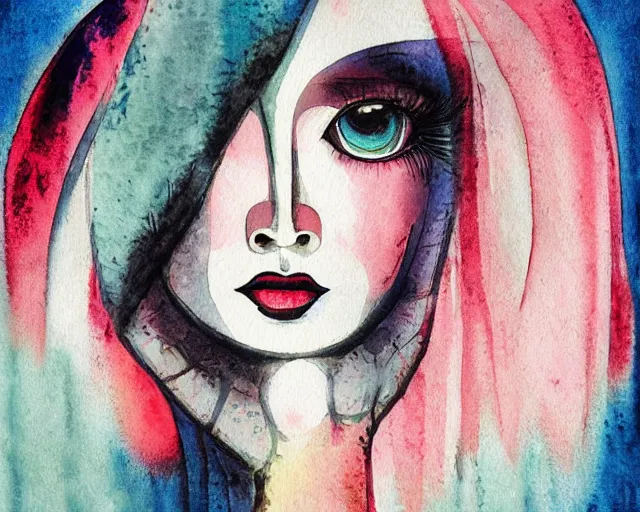 Prompt: a very unique stylize watercolor painting. 3 / 4, medium shot. a straight and long nose, and huge prominent eyes. she is looking at the mirror and crying to the sun. old photograph. sharp image. fellini style. highly detailed, color harmony, art station, ornate, lynch style. old photography