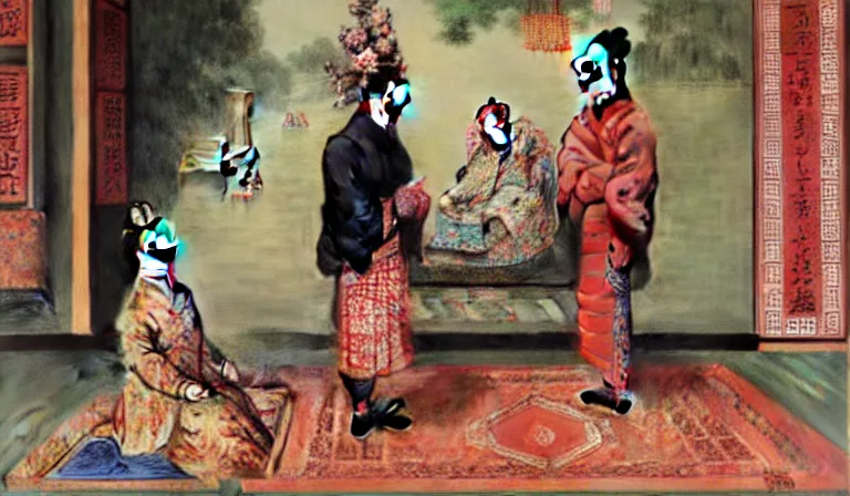 Image similar to Nardwuar speaking to the Empress Dowager Cixi, low angle, oil painting, wide shot, by Juan Luna, dramatic