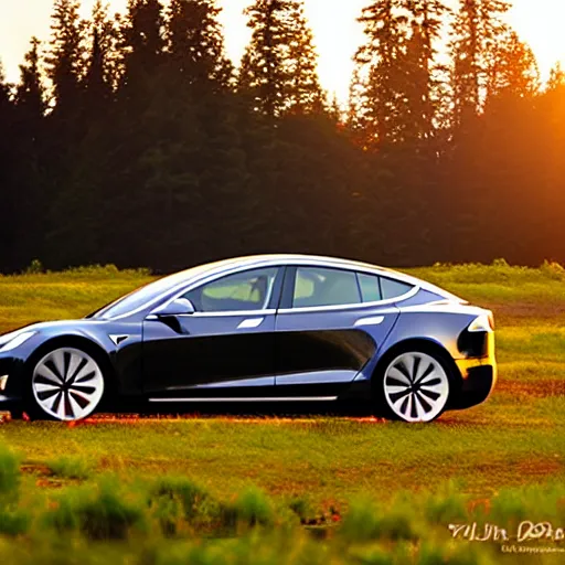 Prompt: a Tesla in Oregon at sunset