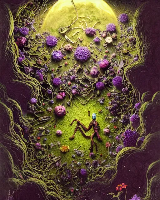 Image similar to the platonic ideal of flowers, rotting, insects and praying of cletus kasady carnage thanos dementor doctor manhattan chtulu mandelbulb studio ghibli lichen mandala davinci the witcher, d & d, fantasy, ego death, decay, dmt, psilocybin, art by greg rutkowski and anders zorn and john bauer