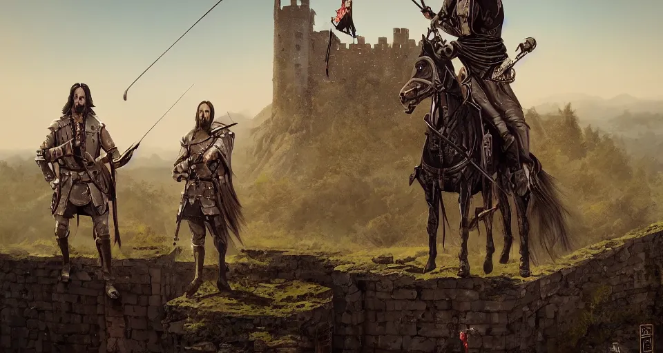 Prompt: john wick and Simon peck as medieval bowmen, standing on a gothic style castle wall, overlooking a bloody battlefield in the background, trending on artstation, artwork in style of peter mohrbacher, unreal engine, octane render, intricate details, 8k high definition, beauriful, ornate, hyperrealistic