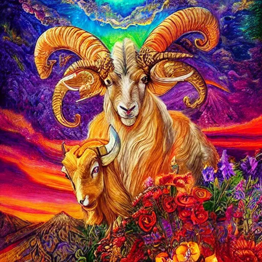 Image similar to painting by josephine wall, horned ram goddess checking her cell phone, erupting volcano and sunset in distance, flowers in foreground, zodiac, fantasy, acrylic on canvas, intricately detailed, highly detailed, high resolution, hdr, 8 k, trending on artstation