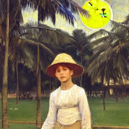 Image similar to a ultradetailed beautiful painting of the moon girl on the amazonas palace by jules bastien - lepage, hans belmer, frank weston and gustave baumann, trending on artstation, mediterranean, palm trees, light sparkles, sharp focus, soft light, 8 k 4 k